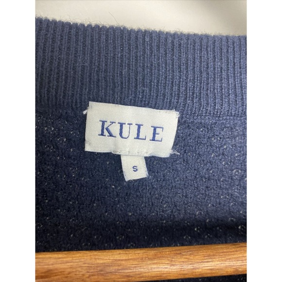 Kule Navy Blue Cashmere Blend Crewneck Sweater Rainbow Striped Cuff‎ Size Small - Picture 6 of 8